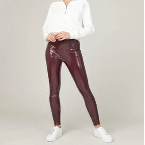 SPANX Faux Patent Leather Leggings Shiny Maroon Red Medium